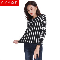 女装秋季新款2018圆领长袖T恤条纹上衣女2128