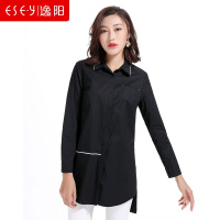 2018秋季新款黑色中长款衬衫单排扣长袖上衣0267