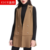 2018秋季新款中长款双排扣百褶裙上衣欧美休闲马甲女0130