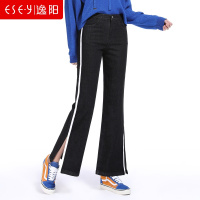 女裤2018秋季新款侧边织带开叉九休闲微喇牛仔女喇叭裤72162