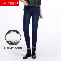 冬季加绒腰口松紧腰牛仔羽绒裤铅笔裤