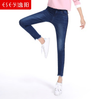 女装2018秋冬加绒新款韩版学生裤裤脚毛边牛奶波比牛仔铅笔裤2315