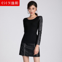 女装2018秋季新款针织衫拼接防pu长袖圆领T恤上衣