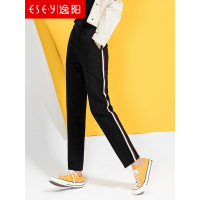 逸阳女裤2018秋季新款休闲九分运动裤女宽松高腰黑色直筒裤子