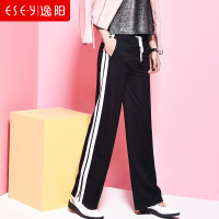 逸阳女裤春秋新款韩版休闲裤女侧条纹长裤复古宽松阔腿裤开叉