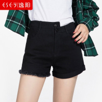 逸阳女裤黑色牛仔短裤女秋2018新款韩版显瘦不规则五分裤