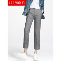 逸阳女裤2018秋季新款直筒通勤时尚翻边休闲职业烟管九分裤女
