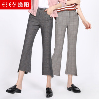 韩版复古百搭前短后长显瘦微喇格子裤子女裤英伦风春季6006