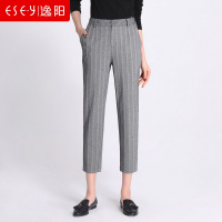 女裤2019春季条纹九分垮裤女小脚哈伦宽松休闲西裤职业工作裤