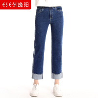 女裤2019休闲百搭裤脚挽边中直筒牛仔裤