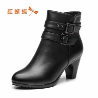 红蜻蜓女鞋2018冬季新款牛皮短靴女通勤优雅尖头粗跟加绒保暖棉靴