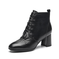 红蜻蜓女鞋冬季新款真皮粗跟系带短靴英伦高跟马丁靴加绒棉靴