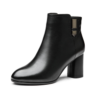 红蜻蜓女鞋冬季新款真皮粗跟高跟鞋英伦百搭棉靴潮流马丁靴女