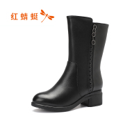 红蜻蜓女鞋冬季新款简约百搭显瘦中筒靴女加绒保暖粗跟长筒靴