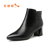 红蜻蜓女鞋冬季真皮英伦风马丁靴粗跟切尔西靴加绒保暖短筒靴