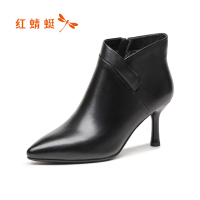红蜻蜓女鞋冬季新款头层牛皮英伦简约女短靴加绒保暖细跟棉靴