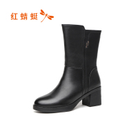 红蜻蜓女靴冬季新款中筒靴女粗跟真皮高跟靴子女皮靴加绒棉靴女鞋