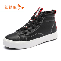 红蜻蜓女鞋新款冬季高帮鞋女百搭平底黑色秋冬款皮面女鞋加绒保暖高邦棉鞋