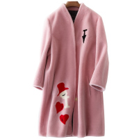 兰奥羊毛皮草大衣女 海宁绣花款长款立领羊剪绒外套