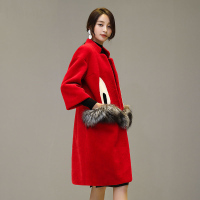 兰奥羊毛皮草大衣女长款 直筒立领狐狸毛口袋羊剪绒