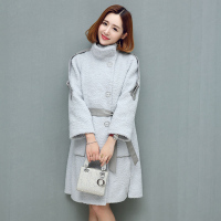 兰奥2018秋季新款真皮腰带阿尔巴卡外套 海宁立领毛呢大衣女士皮草长款外套