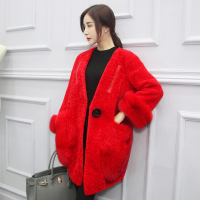 兰奥2018秋季新品优质羊毛皮草女装海宁羊毛中长款狐狸毛袖口女士外套