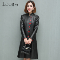 兰奥2017秋冬新品 真皮皮衣女士长款修身风衣 海宁绵羊皮薄款皮衣