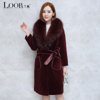 兰奥2018秋季羊剪绒羊毛皮外套女长款貉子毛领海宁韩版V领大衣