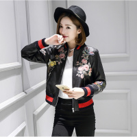 兰奥2018秋冬新款 海宁绵羊皮真皮皮衣女短 印花真皮棒球款外套