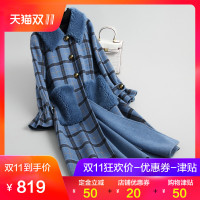 兰奥海宁双面毛呢格子方领外套羊毛大衣女直筒长款