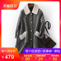 千鸟格外套 兰奥 春季新款中长款双面尼女 海宁羊毛立领呢子大衣