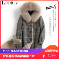 2018秋冬新款粗花呢皮外套羊羔毛内里狐狸毛连帽羊毛大衣女
