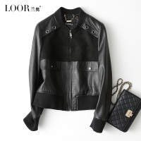 兰奥海宁女装短款绵羊皮直筒外套 圆领真皮皮衣