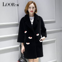 兰奥中长款皮外套女绣花款羊毛大衣女