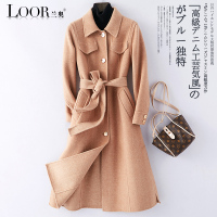 兰奥单排扣修身长款纯色羊毛双面呢方领通勤外套女