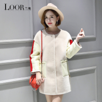 兰奥韩版直筒皮外套海宁圆领羊毛大衣女中长款