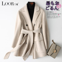 兰奥2019冬季新款海宁中长款女装修身双面呢大衣系带羊毛呢子外套