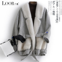 兰奥2019秋冬新款海宁女装短款皮粗花呢拼色外套羊毛皮大衣