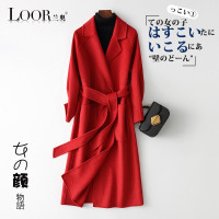 兰奥2019春季新款系带双面尼大衣女 长款西装领百搭休闲过膝修身毛呢外套