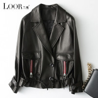 兰奥2019春季新款 海宁宽松西装领韩版女装绵羊皮皮衣短款真皮皮衣外套