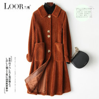 兰奥2019春季 海宁长款女装颗粒毛方领羊剪绒大衣 时尚休闲百搭真羊毛皮外套