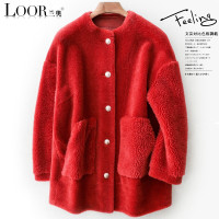兰奥2019春季 海宁女装中长款圆领颗粒毛羊剪绒 宽松时尚休闲百搭真羊毛皮外套