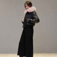 女款狐狸毛领短款真皮羽绒皮衣