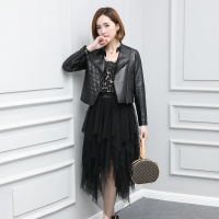 女款时尚菱格纹短款绵羊皮真皮外套