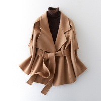 女款时尚气质系带短款双面呢羊毛外套