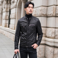男士时尚拉链短款真皮绵羊皮单皮外套