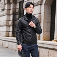 男士时尚拉链连帽真皮绵羊皮单皮皮衣