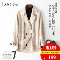 兰奥2019春秋新款格子落肩袖宽松中长款双面呢毛呢外套羊毛大衣女