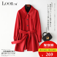 兰奥2019新款落肩袖双面呢大衣女中长款单排扣系带羊毛呢子外套潮