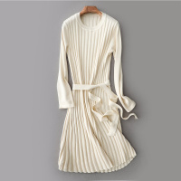 女款时尚通勤修身长款圆领条纹针织衫